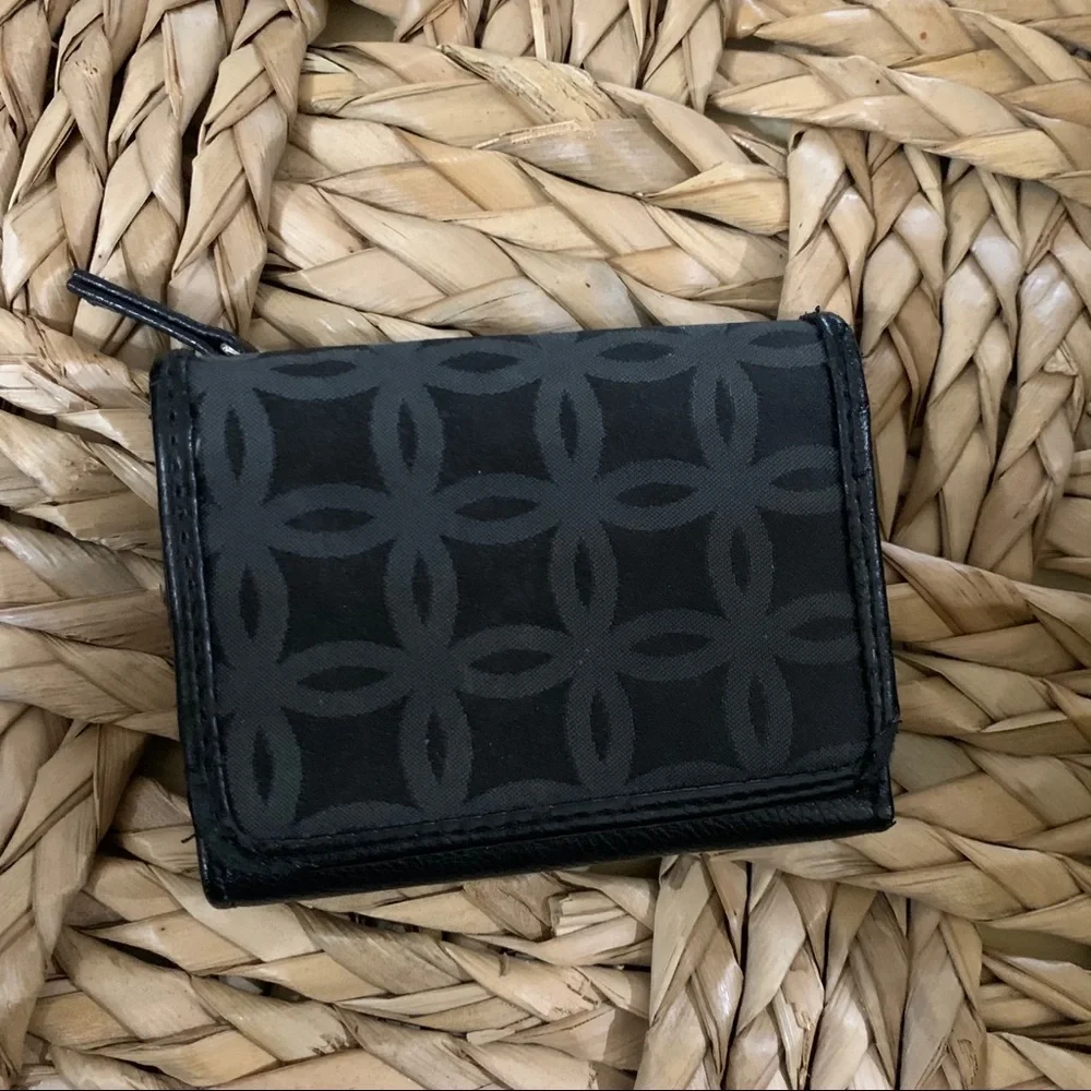 Black faux leather wallet w/fabric on front